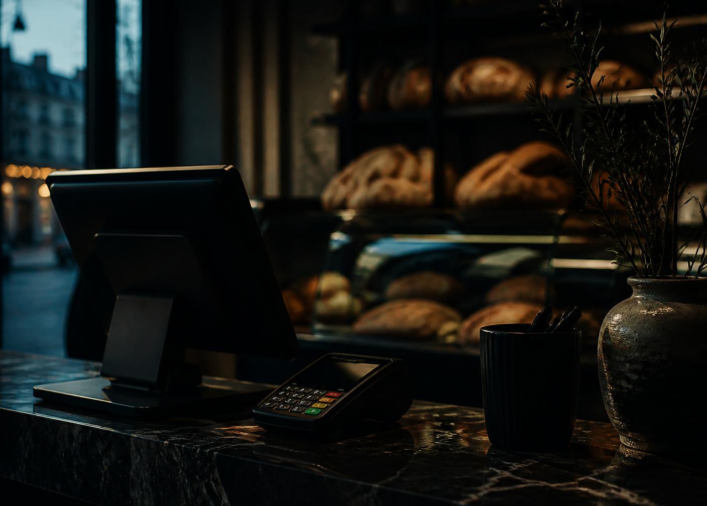 Comptoir de boulangerie parisienne à la tombée du jour avec caisse et terminal de paiement